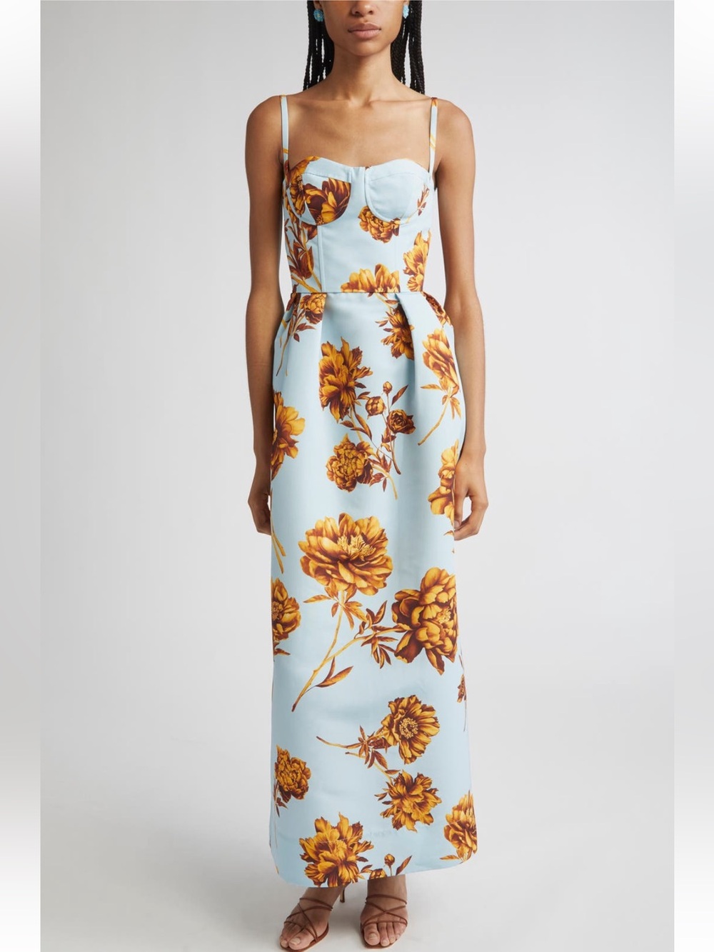 Oscar de la Renta Light Blue Maxi Dress with Golden Floral Print